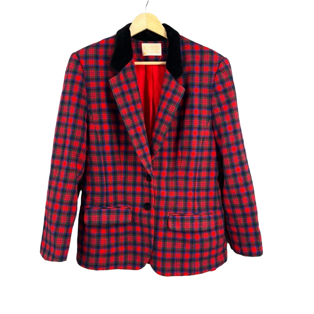 Pendleton Womens Vintage Blazer Red Plaid Velvet‎ Buttons Wool Jacket Size 10